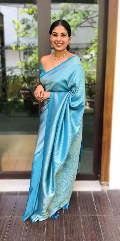 Sky Blue Soft Lichi Silk Lace Work Saree | Sarees, Bollywood Sarees, Creative Sarees, Designer Sarees, Embroidered Sarees, Ethnic Saree, Modern Digital sarees, Party Wear Sarees