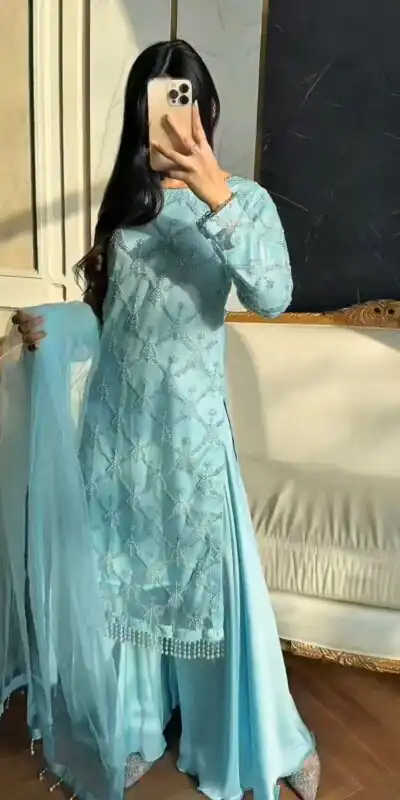 Sky Blue Soft Net Lace Embroidery Work Salwar Suit | Jump Suits, Salwar suit, Casual Suits, Creative suits, Designer Suits, Palazzo Suits, Party Wear Suits, Patiala Suits, Straight Suits