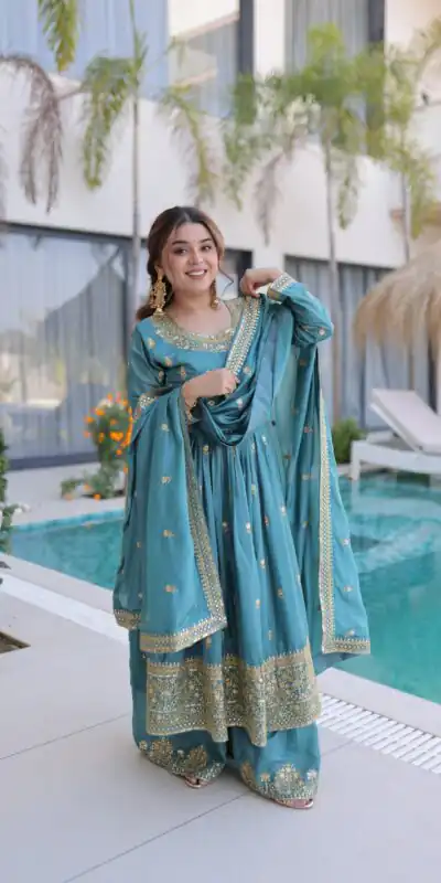 Sky Blue Super Silk Sequins Embroidery Work Salwar Suit | Jump Suits, Salwar suit, Casual Suits, Creative suits, Designer Suits, Palazzo Suits, Party Wear Suits, Patiala Suits, Straight Suits