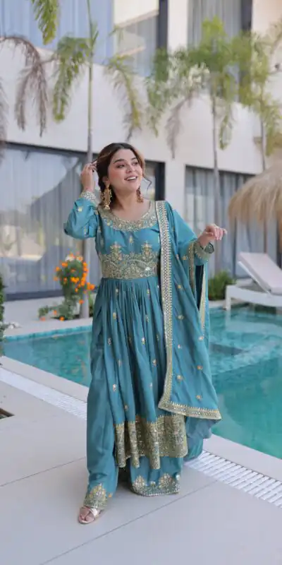 Sky Blue Super Silk Sequins Embroidery Work Salwar Suit | Jump Suits, Salwar suit, Casual Suits, Creative suits, Designer Suits, Palazzo Suits, Party Wear Suits, Patiala Suits, Straight Suits