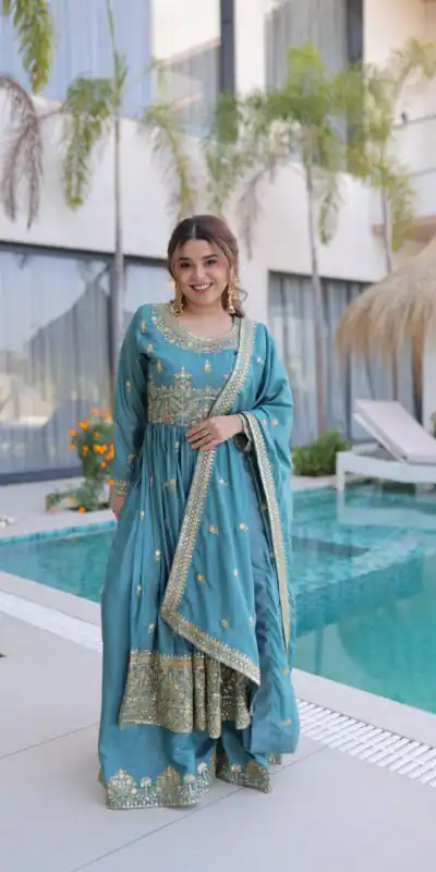 Sky Blue Super Silk Sequins Embroidery Work Salwar Suit | Jump Suits, Salwar suit, Casual Suits, Creative suits, Designer Suits, Palazzo Suits, Party Wear Suits, Patiala Suits, Straight Suits