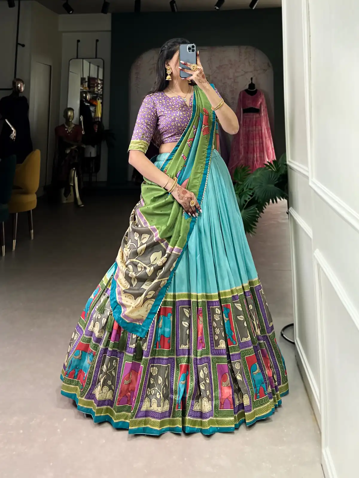 Sky Blue Tasar Kalamkari Lehenga Choli | Lehenga, Bollywood Lehenga, Creative Lehenga, Designer Lehenga, Embroidered Lehenga, Party Wear Lehenga