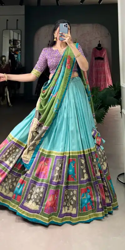 Sky Blue Tasar Kalamkari Lehenga Choli | Lehenga, Bollywood Lehenga, Creative Lehenga, Designer Lehenga, Embroidered Lehenga, Party Wear Lehenga