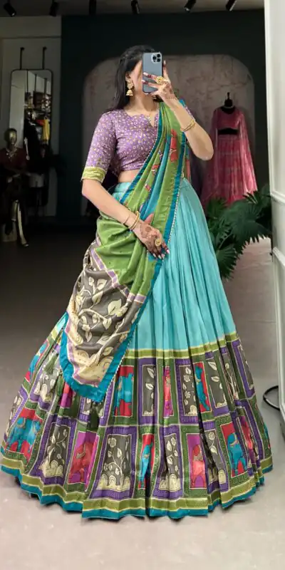 Sky Blue Tasar Kalamkari Lehenga Choli | Lehenga, Bollywood Lehenga, Creative Lehenga, Designer Lehenga, Embroidered Lehenga, Party Wear Lehenga