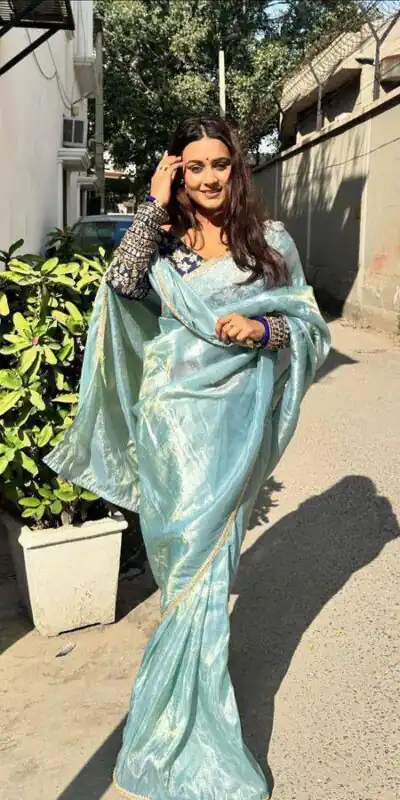 Sky Blue Tissue Crush Silk Fabric With Fancy Lace Saree | Sarees, Bollywood Sarees, Creative Sarees, Designer Sarees, Embroidered Sarees, Ethnic Saree, Modern Digital sarees, Party Wear Sarees