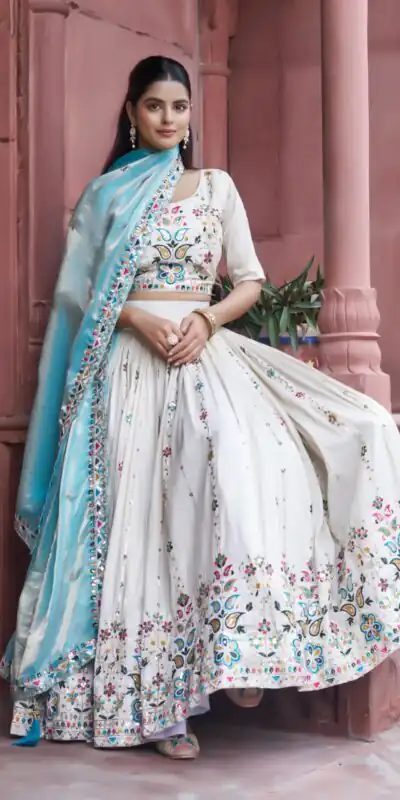 Sky Blue Tissue Silk Thread Embroidery Work Lehenga Choli | Lehenga, Bollywood Lehenga, Creative Lehenga, Designer Lehenga, Embroidered Lehenga, Party Wear Lehenga