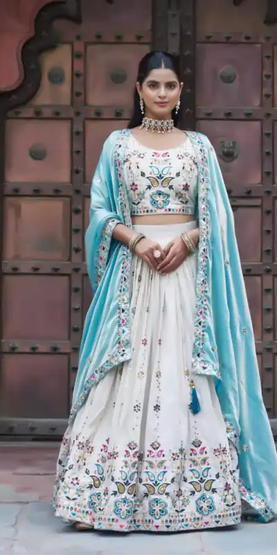 Sky Blue Tissue Silk Thread Embroidery Work Lehenga Choli | Lehenga, Bollywood Lehenga, Creative Lehenga, Designer Lehenga, Embroidered Lehenga, Party Wear Lehenga