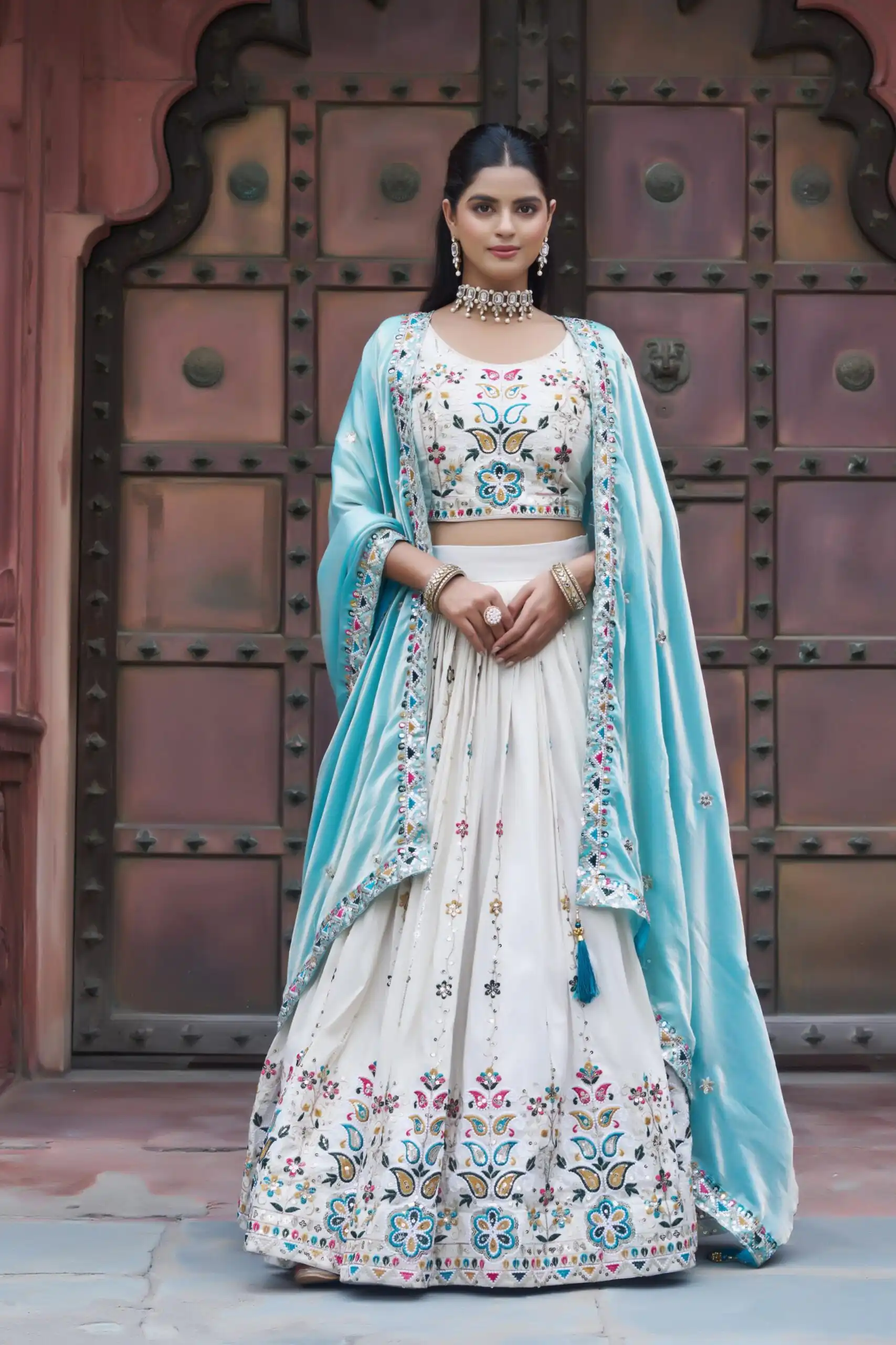 Sky Blue Tissue Silk Thread Embroidery Work Lehenga Choli | Lehenga, Bollywood Lehenga, Creative Lehenga, Designer Lehenga, Embroidered Lehenga, Party Wear Lehenga