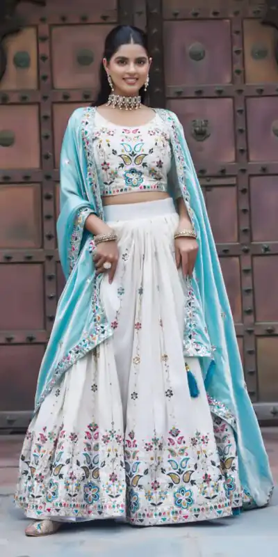Sky Blue Tissue Silk Thread Embroidery Work Lehenga Choli | Lehenga, Bollywood Lehenga, Creative Lehenga, Designer Lehenga, Embroidered Lehenga, Party Wear Lehenga