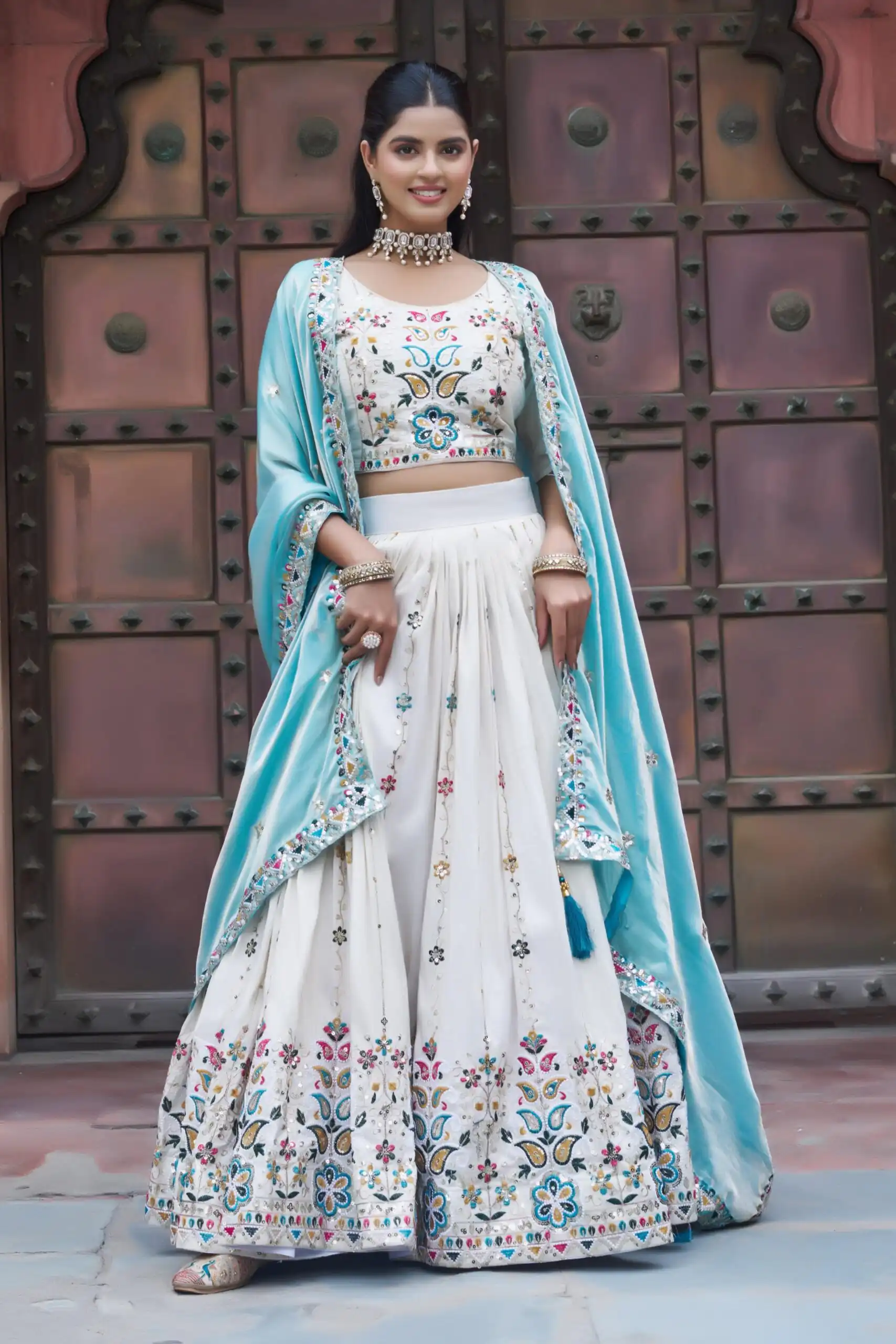 Sky Blue Tissue Silk Thread Embroidery Work Lehenga Choli | Lehenga, Bollywood Lehenga, Creative Lehenga, Designer Lehenga, Embroidered Lehenga, Party Wear Lehenga