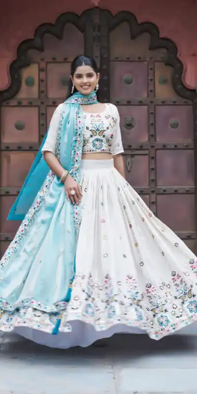 Sky Blue Tissue Silk Thread Embroidery Work Lehenga Choli | Lehenga, Bollywood Lehenga, Creative Lehenga, Designer Lehenga, Embroidered Lehenga, Party Wear Lehenga