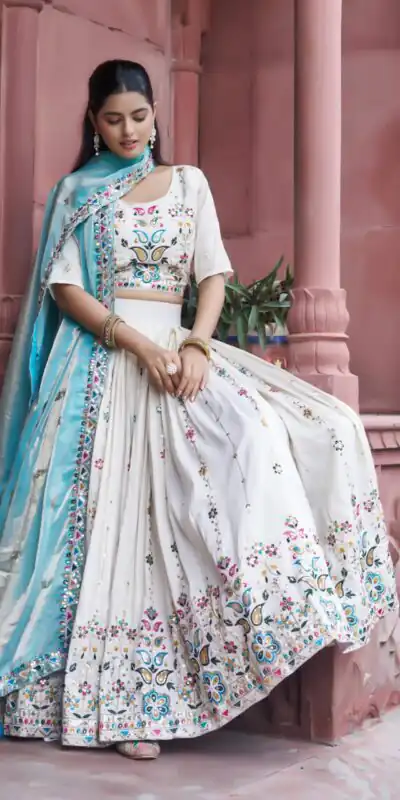 Sky Blue Tissue Silk Thread Embroidery Work Lehenga Choli | Lehenga, Bollywood Lehenga, Creative Lehenga, Designer Lehenga, Embroidered Lehenga, Party Wear Lehenga