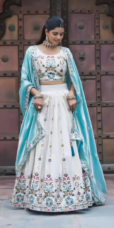 Sky Blue Tissue Silk Thread Embroidery Work Lehenga Choli | Lehenga, Bollywood Lehenga, Creative Lehenga, Designer Lehenga, Embroidered Lehenga, Party Wear Lehenga