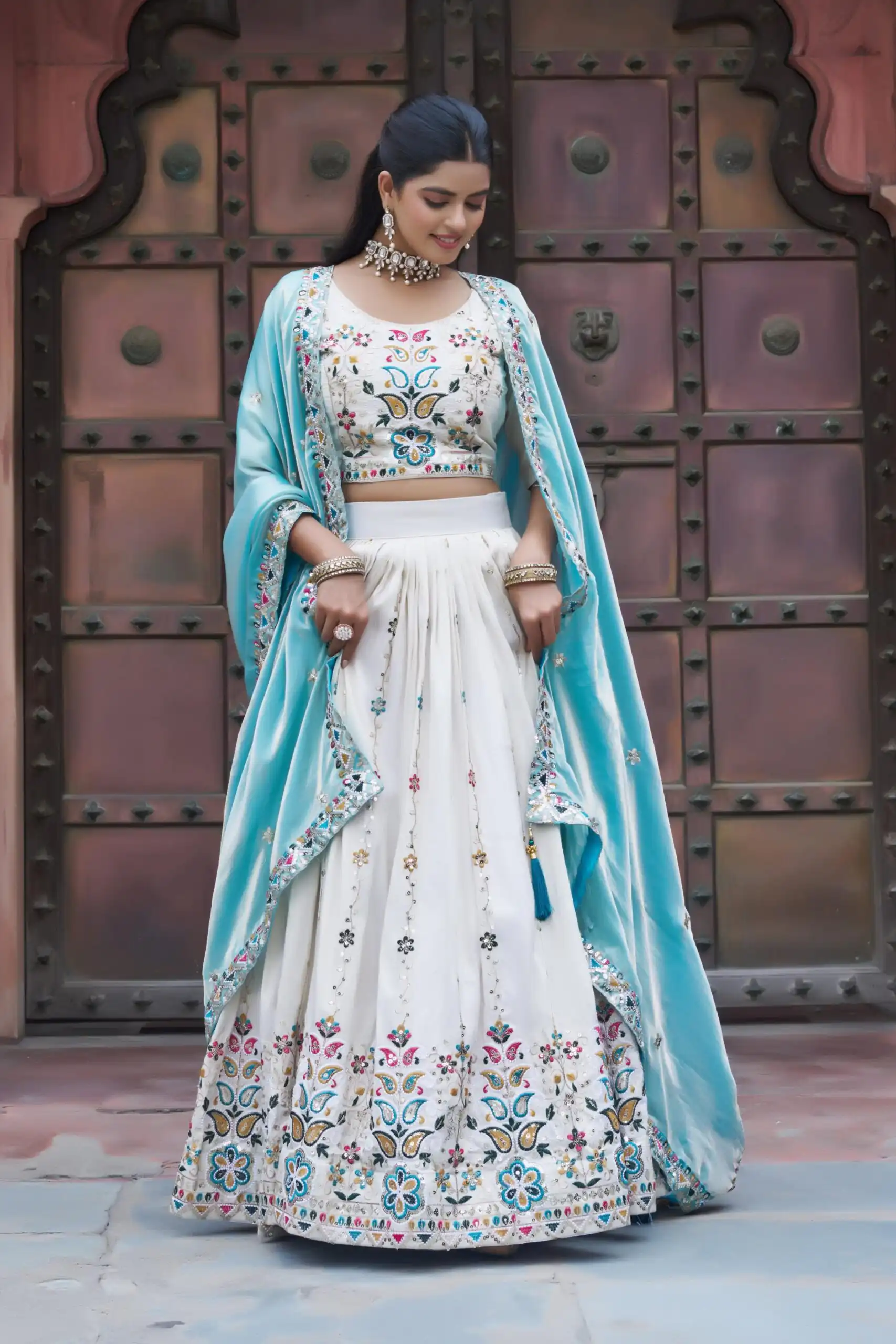 Sky Blue Tissue Silk Thread Embroidery Work Lehenga Choli | Lehenga, Bollywood Lehenga, Creative Lehenga, Designer Lehenga, Embroidered Lehenga, Party Wear Lehenga