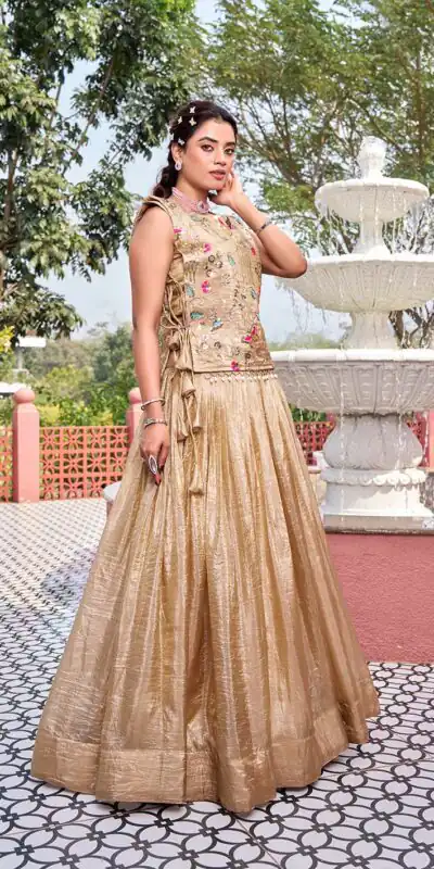 Solid Chiku Gold Crush Embroider Work Lehenga Choli | Lehenga, Bollywood Lehenga, Creative Lehenga, Designer Lehenga, Embroidered Lehenga, Party Wear Lehenga
