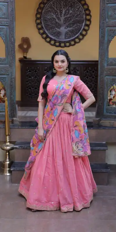 KA 5069 Peach Cosmos Silk Lehenga Choli with Zari & Embroidery Work. Introductory Price ₹2499. Delivery 4-6 Working Days. Shop now. | Lehenga, Bollywood Lehenga, Creative Lehenga, Designer Lehenga, Embroidered Lehenga, Party Wear Lehenga