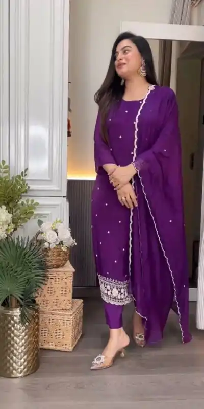 Solid Purple Chinon Silk Embroidery Work Sawlar Suit | Jump Suits, Salwar suit, Casual Suits, Creative suits, Designer Suits, Palazzo Suits, Party Wear Suits, Patiala Suits, Straight Suits