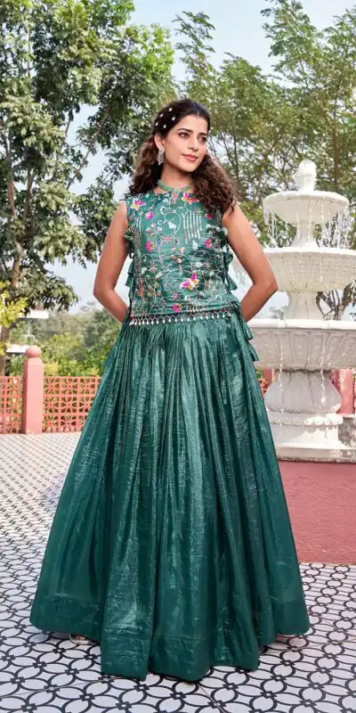 Solid Teal Green Gold Crush Embroider Work Lehenga Choli | Lehenga, Bollywood Lehenga, Creative Lehenga, Designer Lehenga, Embroidered Lehenga, Party Wear Lehenga
