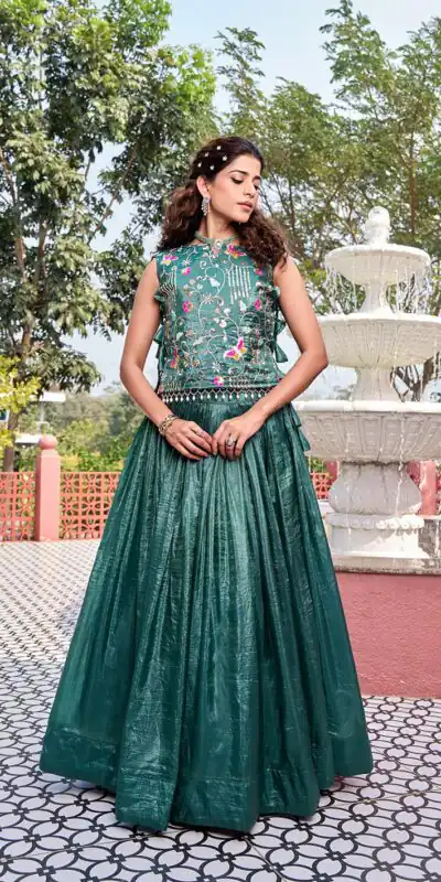 Solid Teal Green Gold Crush Embroider Work Lehenga Choli | Lehenga, Bollywood Lehenga, Creative Lehenga, Designer Lehenga, Embroidered Lehenga, Party Wear Lehenga