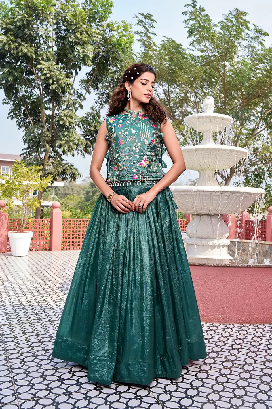 Solid Teal Green Gold Crush Embroider Work Lehenga Choli | Lehenga, Bollywood Lehenga, Creative Lehenga, Designer Lehenga, Embroidered Lehenga, Party Wear Lehenga