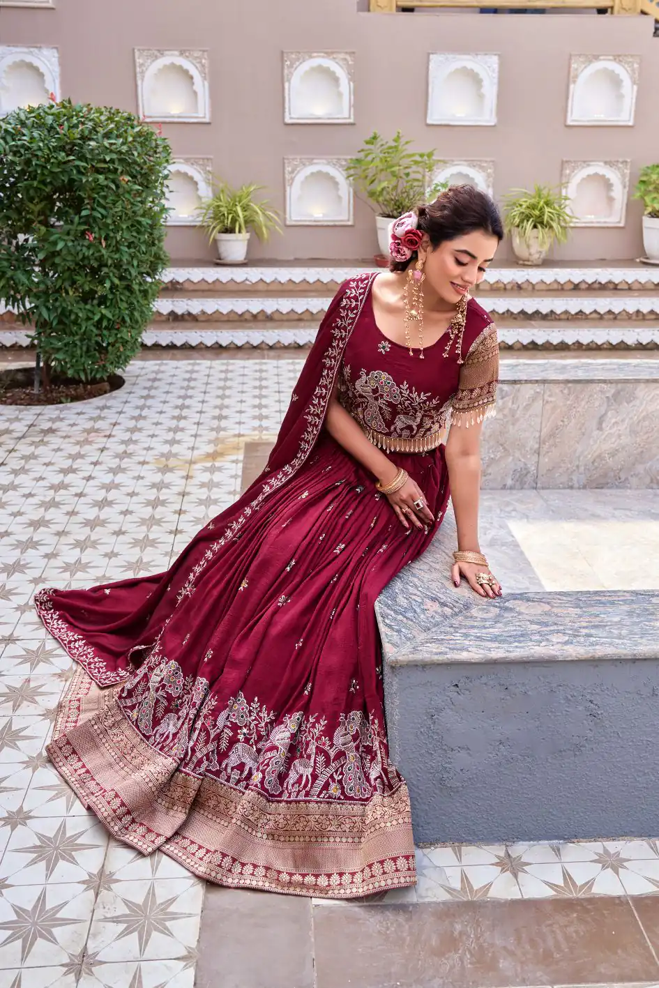 Special Maroon Vichitra Silk Thread Work Lehenga Choli | Lehenga, Bollywood Lehenga, Creative Lehenga, Designer Lehenga, Embroidered Lehenga, Party Wear Lehenga