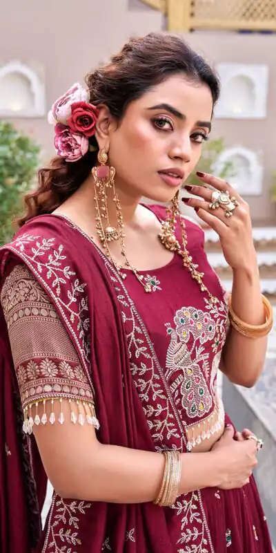 Special Maroon Vichitra Silk Thread Work Lehenga Choli | Lehenga, Bollywood Lehenga, Creative Lehenga, Designer Lehenga, Embroidered Lehenga, Party Wear Lehenga