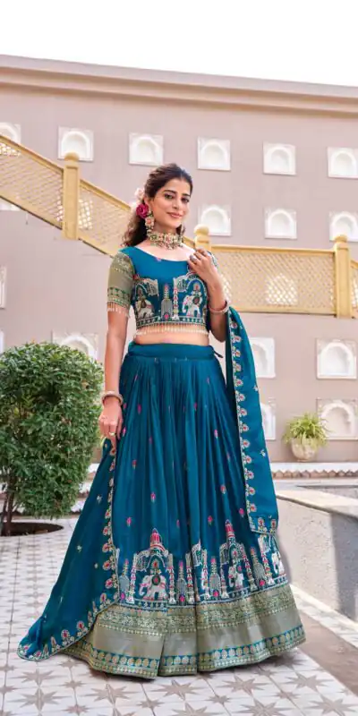 Special Teal Vichitra Silk Thread Work Lehenga Choli | Lehenga, Bollywood Lehenga, Creative Lehenga, Designer Lehenga, Embroidered Lehenga, Party Wear Lehenga