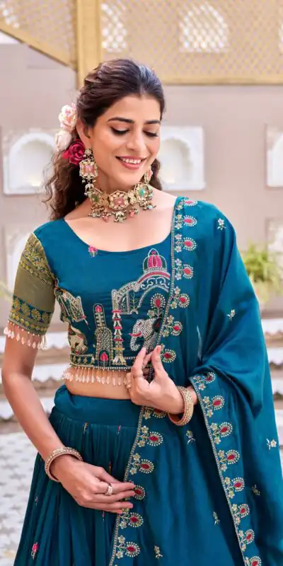 Special Teal Vichitra Silk Thread Work Lehenga Choli | Lehenga, Bollywood Lehenga, Creative Lehenga, Designer Lehenga, Embroidered Lehenga, Party Wear Lehenga