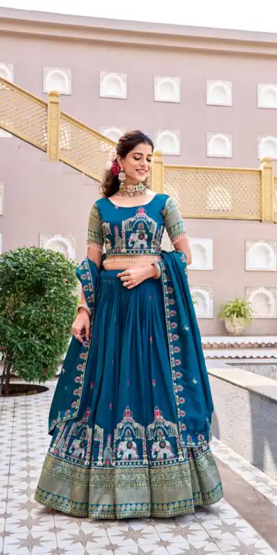 Special Teal Vichitra Silk Thread Work Lehenga Choli | Lehenga, Bollywood Lehenga, Creative Lehenga, Designer Lehenga, Embroidered Lehenga, Party Wear Lehenga