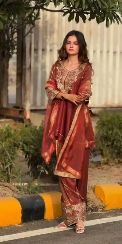 NF 1285 Rust Fandy Silk Salwar Suit with Lace Work & Embroidery Work. Introductory Price ₹2149. Delivery 4-6 Working Days. Shop now. | Jump Suits, Salwar suit, Casual Suits, Creative suits, Designer Suits, Palazzo Suits, Party Wear Suits, Patiala Suits, Straight Suits