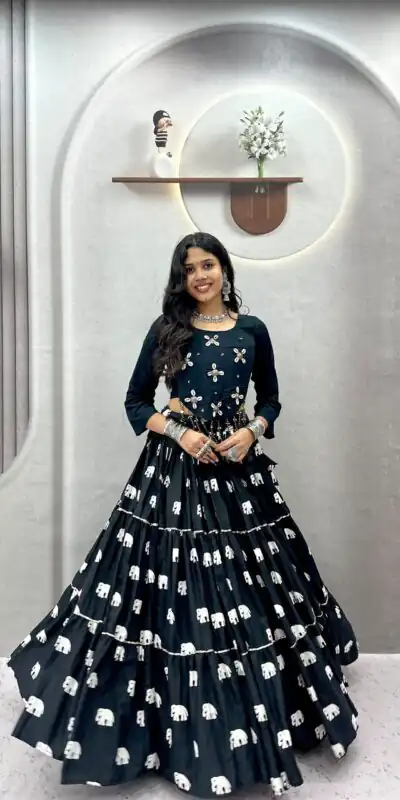Ram 181 Black Color Pure Cotton Lehenga Choli with Cowrie Work. Festive Deal ₹2649. Delivery 4-6 Working Days. Online Shop now. | Lehenga, Bollywood Lehenga, Creative Lehenga, Designer Lehenga, Embroidered Lehenga, Party Wear Lehenga
