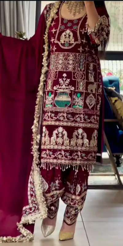 Stylish Maroon Natural Crepe Sequence Work Salwar Suit | Jump Suits, Salwar suit, Casual Suits, Creative suits, Designer Suits, Palazzo Suits, Party Wear Suits, Patiala Suits, Straight Suits