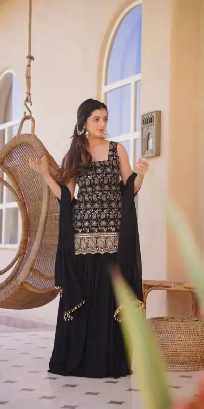 MD 3093 Black Blooming Faux Georgette Salwar Suit Perfect for Wedding, Party, Makar Sankranti, Baby Shower, Traditional Day – . Special Price ₹2149. Deliv | Jump Suits, Salwar suit, Casual Suits, Creative suits, Designer Suits, Palazzo Suits, Party Wear Suits, Patiala Suits, Straight Suits