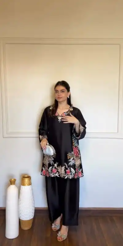 KD 1618 Black Rayon Satin Salwar Suit with Thread Embroidery. Affordable Price ₹1999. Delivery 4-6 Working Days. Shop now. | Jump Suits, Salwar suit, Casual Suits, Creative suits, Designer Suits, Palazzo Suits, Party Wear Suits, Patiala Suits, Straight Suits