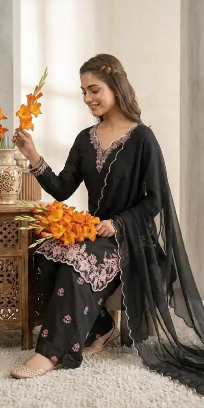 ND 5067 Black Vichitra Silk Salwar Suit with Embroidery Work. Wedding, Party, Festive, Events, Grab it for ₹2399. Delivery 4-6 Working Days. Shop now. | Jump Suits, Salwar suit, Casual Suits, Creative suits, Designer Suits, Palazzo Suits, Party Wear Suits, Patiala Suits, Straight Suits