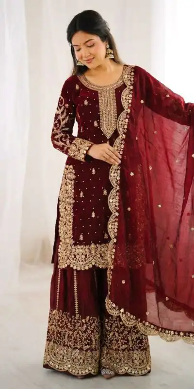 ZSR 3167 Maroon Fendy Silk Salwar Suitwith Embroidery Work & Lace Work. Now at just ₹2149. Delivery 4-6 Working Days. Shop now. | Jump Suits, Salwar suit, Casual Suits, Creative suits, Designer Suits, Palazzo Suits, Party Wear Suits, Patiala Suits, Straight Suits