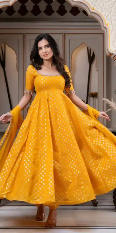 RTC 6025 Yellow Chanderi Jacquard Butti Salwar Suit with Mirror Work & Lace Work. Festive Deal ₹2149. Delivery 4-6 Working Days. Shop now. | Anarkali Suits, Bollywood Anarkali, Creative-Anarkali, Designer Anarkali, Embroidered Anarkali, Party Wear Anarkali
