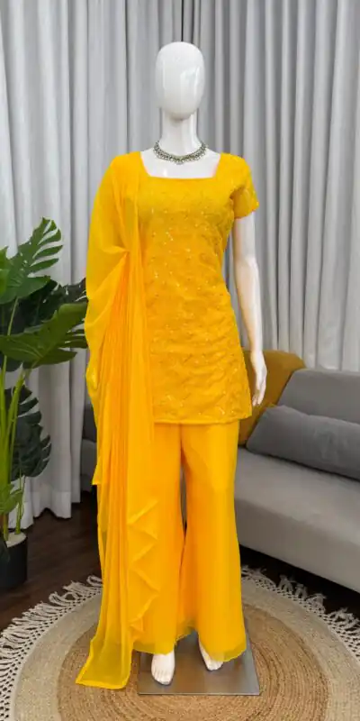 Super Yellow Faux Georgette Thread Work Salwar Suit | Jump Suits, Salwar suit, Casual Suits, Creative suits, Designer Suits, Palazzo Suits, Party Wear Suits, Patiala Suits, Straight Suits