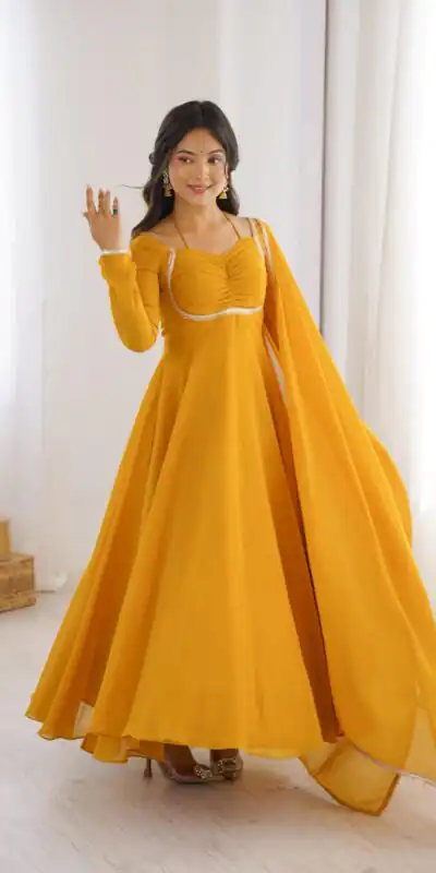 Superb Yellow Fox Blooming Georgette Lace Work Gown | Gowns, Bollywood Gowns, Creative Gowns, Designer Gowns, Embroidered Gowns, Party Wear Gowns