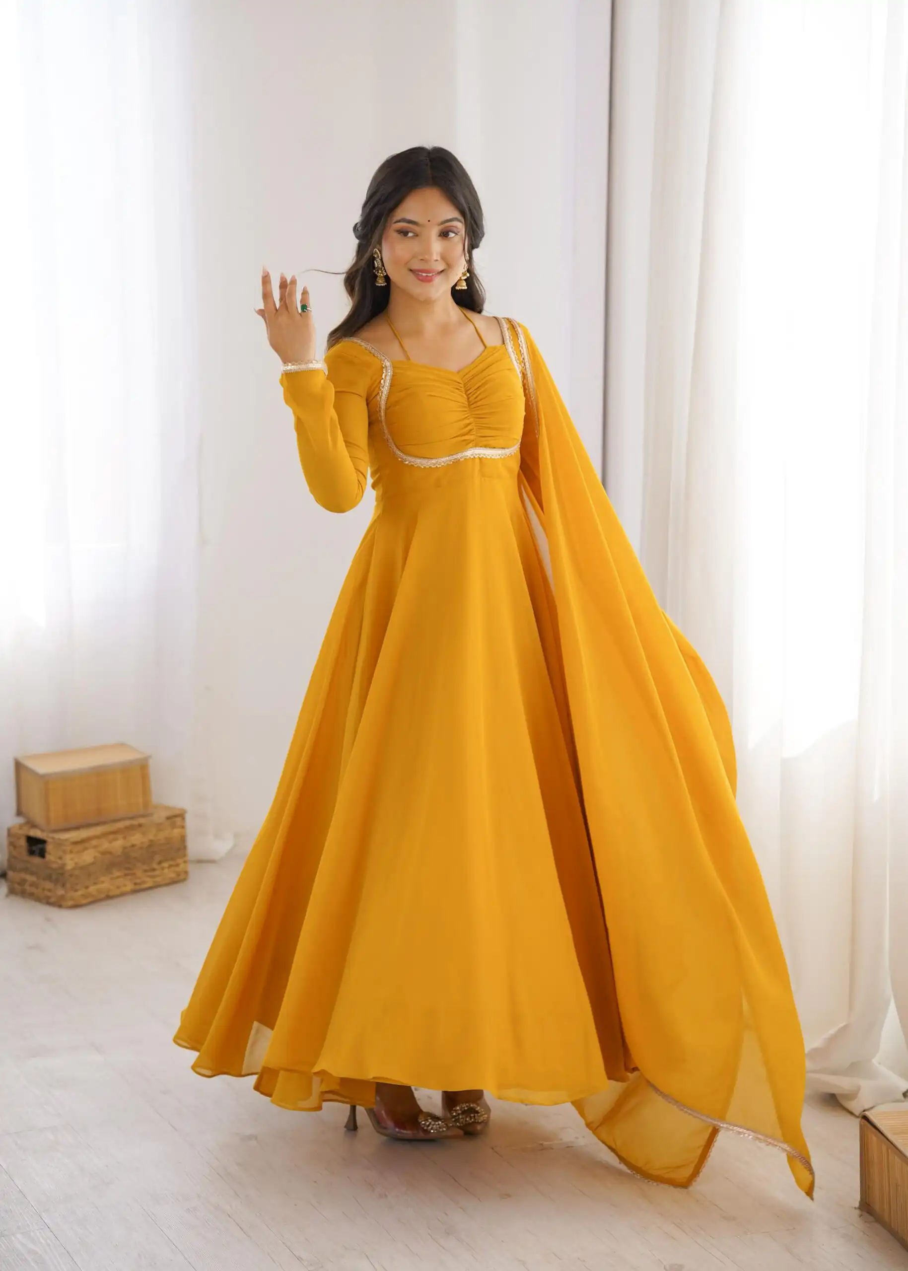 Superb Yellow Fox Blooming Georgette Lace Work Gown | Gowns, Bollywood Gowns, Creative Gowns, Designer Gowns, Embroidered Gowns, Party Wear Gowns