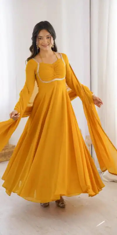 Superb Yellow Fox Blooming Georgette Lace Work Gown | Gowns, Bollywood Gowns, Creative Gowns, Designer Gowns, Embroidered Gowns, Party Wear Gowns