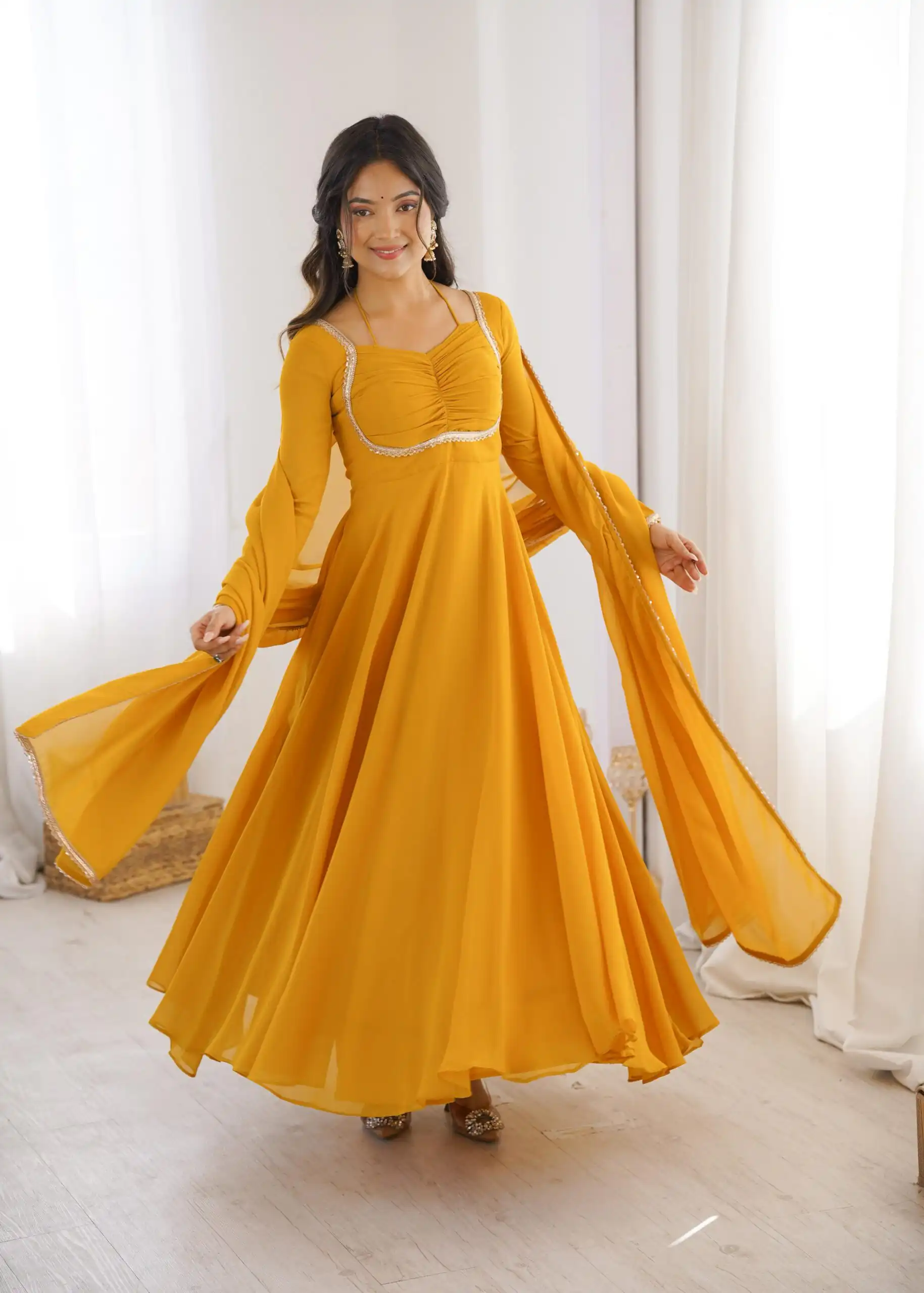 Superb Yellow Fox Blooming Georgette Lace Work Gown | Gowns, Bollywood Gowns, Creative Gowns, Designer Gowns, Embroidered Gowns, Party Wear Gowns