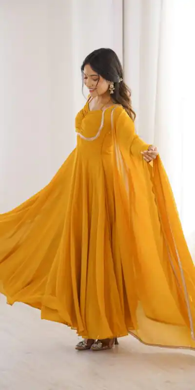Superb Yellow Fox Blooming Georgette Lace Work Gown | Gowns, Bollywood Gowns, Creative Gowns, Designer Gowns, Embroidered Gowns, Party Wear Gowns