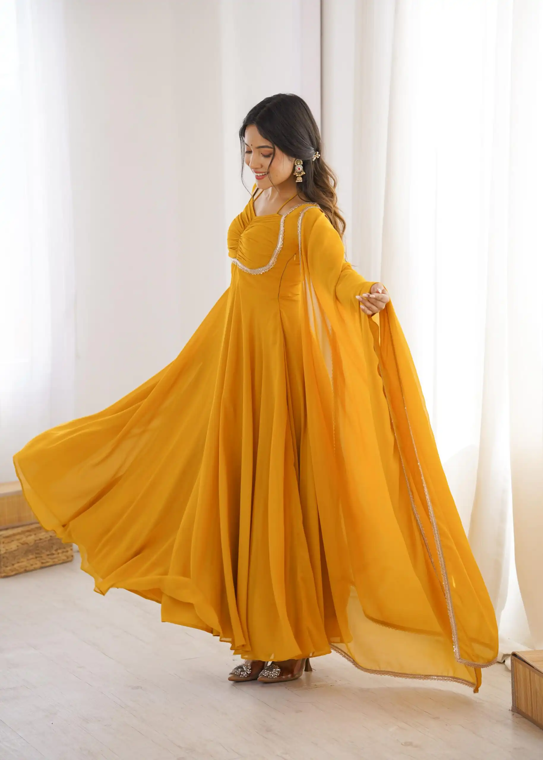Superb Yellow Fox Blooming Georgette Lace Work Gown | Gowns, Bollywood Gowns, Creative Gowns, Designer Gowns, Embroidered Gowns, Party Wear Gowns