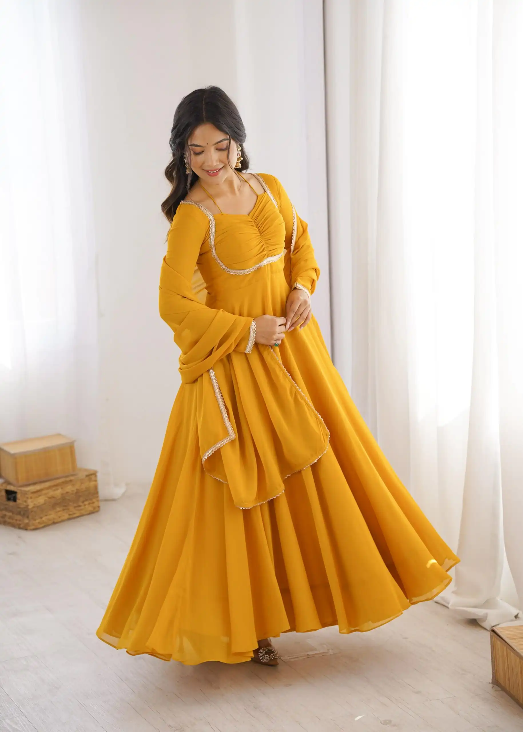 Superb Yellow Fox Blooming Georgette Lace Work Gown | Gowns, Bollywood Gowns, Creative Gowns, Designer Gowns, Embroidered Gowns, Party Wear Gowns
