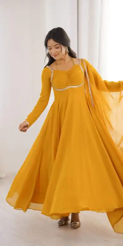 Superb Yellow Fox Blooming Georgette Lace Work Gown | Gowns, Bollywood Gowns, Creative Gowns, Designer Gowns, Embroidered Gowns, Party Wear Gowns