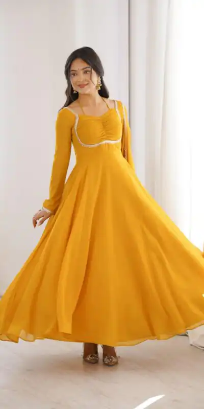 Superb Yellow Fox Blooming Georgette Lace Work Gown | Gowns, Bollywood Gowns, Creative Gowns, Designer Gowns, Embroidered Gowns, Party Wear Gowns