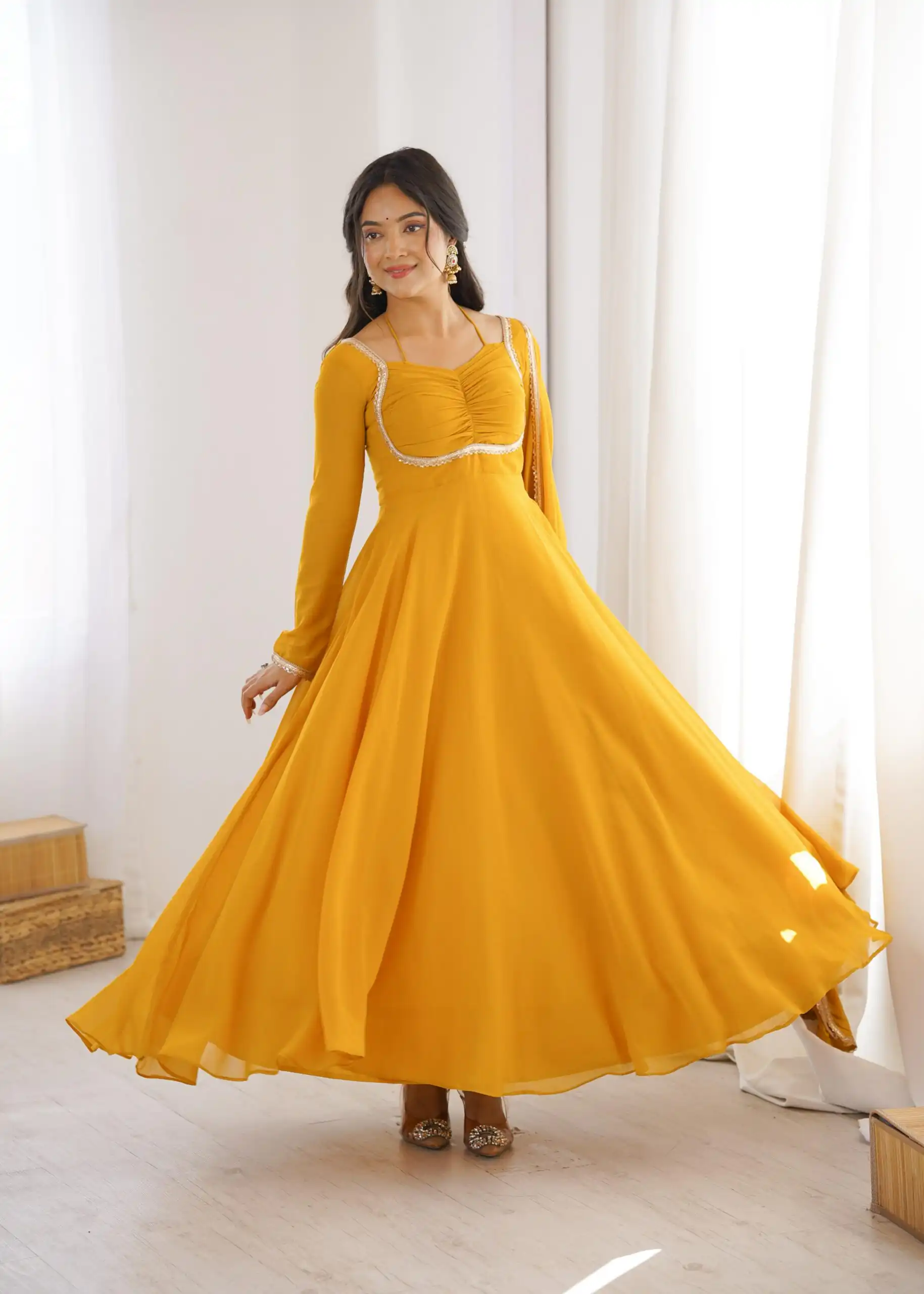 Superb Yellow Fox Blooming Georgette Lace Work Gown | Gowns, Bollywood Gowns, Creative Gowns, Designer Gowns, Embroidered Gowns, Party Wear Gowns