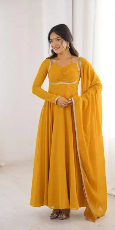 Superb Yellow Fox Blooming Georgette Lace Work Gown | Gowns, Bollywood Gowns, Creative Gowns, Designer Gowns, Embroidered Gowns, Party Wear Gowns