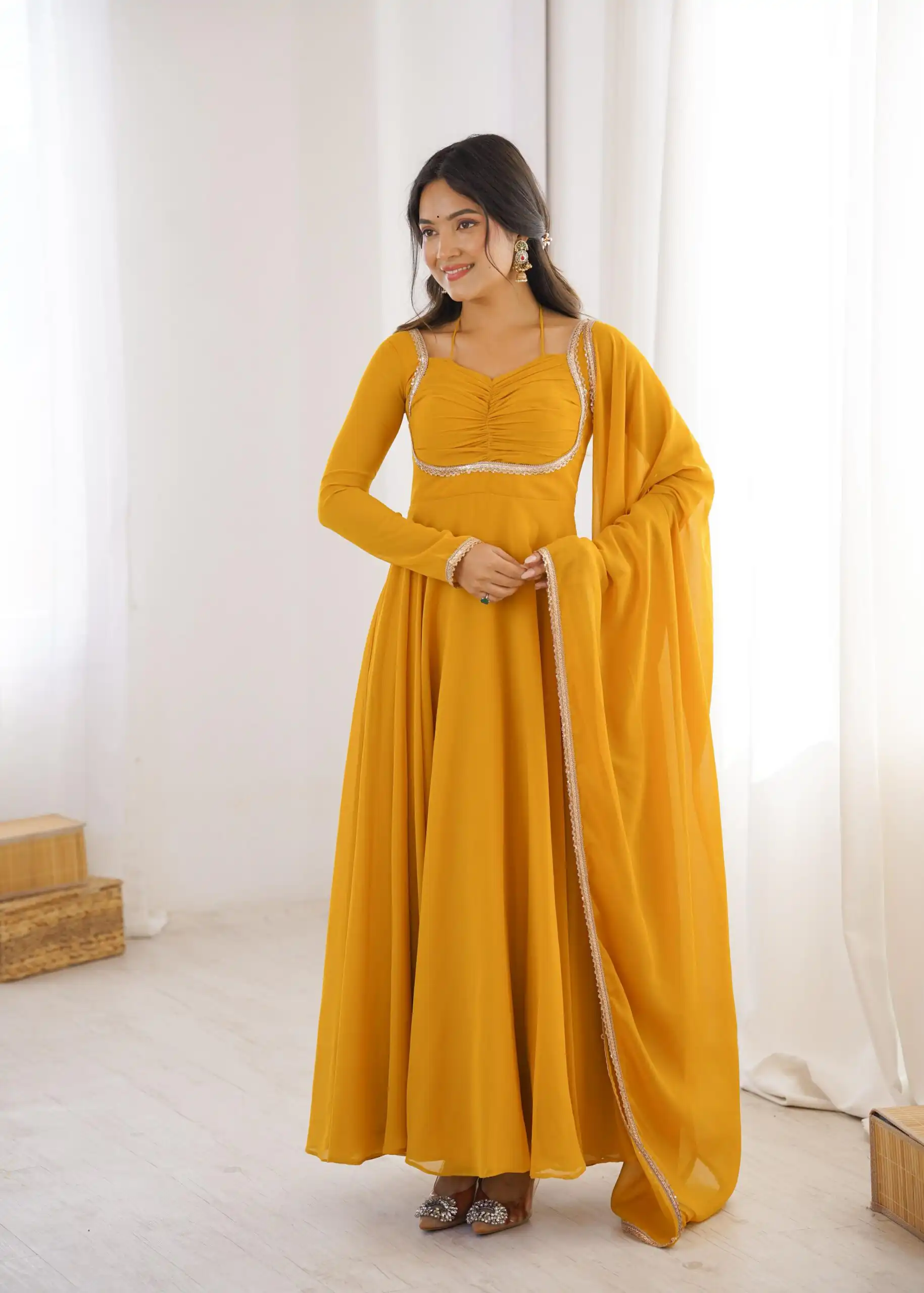 Superb Yellow Fox Blooming Georgette Lace Work Gown | Gowns, Bollywood Gowns, Creative Gowns, Designer Gowns, Embroidered Gowns, Party Wear Gowns
